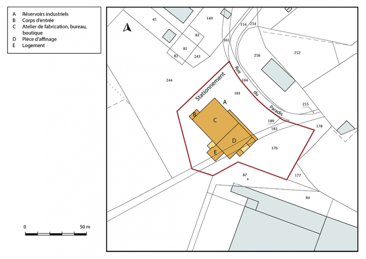 Plan-masse et de situation. Extrait du plan cadastral, 2018, section AC. © Bertrand Turina / Région Bourgogne-Franche-Comté, Inventaire du patrimoine - 2020
