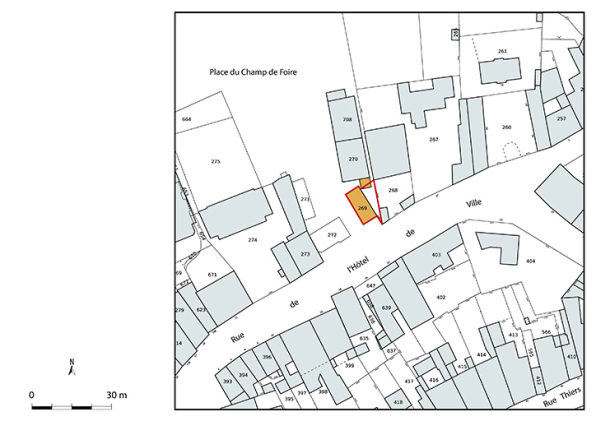 Plan-masse et de situation. Extrait du plan cadastral numérisé de la direction générale des finances publiques, 2025, 1/750. © Région Bourgogne-Franche-Comté, Inventaire du patrimoine