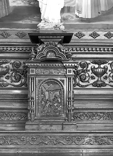 Autel-retable sud : porte du tabernacle (Adoration des Mages). © Yves Sancey / Région Bourgogne-Franche-Comté, Inventaire du patrimoine - 1973