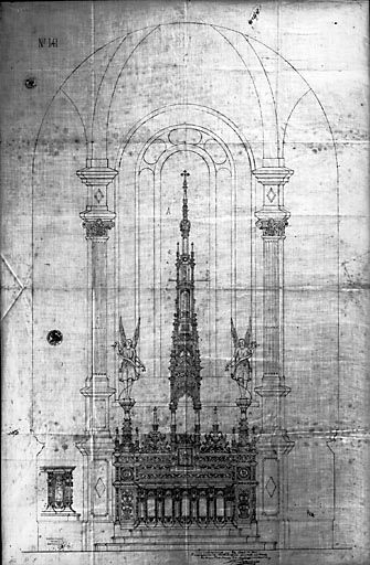 Elévation du maître-autel. Dessin, par Charton-Froissard, 1879 © Yves Sancey / Région Bourgogne-Franche-Comté, Inventaire du patrimoine - 1974