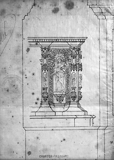 Maître-autel : socle de saint Pierre. Dessin, par Charton-Froissard, 1879. © Yves Sancey / Région Bourgogne-Franche-Comté, Inventaire du patrimoine - 1974