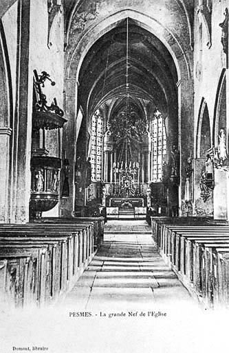 Intérieur : nef et choeur.repro. carte postale ancienne © Yves Sancey / Région Bourgogne-Franche-Comté, Inventaire du patrimoine - 1984