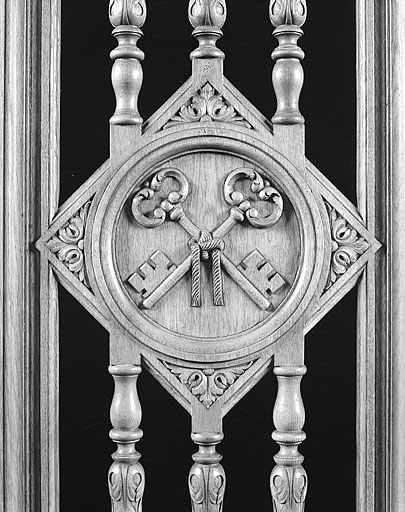 Premier confessionnal du bas-côté droit, détail sur la porte de la loge centrale. © Jérôme Mongreville / Région Bourgogne-Franche-Comté, Inventaire du patrimoine - 1987