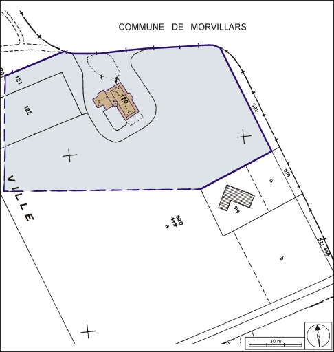 Plan-masse et de situation. Extrait du plan cadastral, 1984, section A, 1:1000. © André Céréza / Région Bourgogne-Franche-Comté, Inventaire du patrimoine - 2003