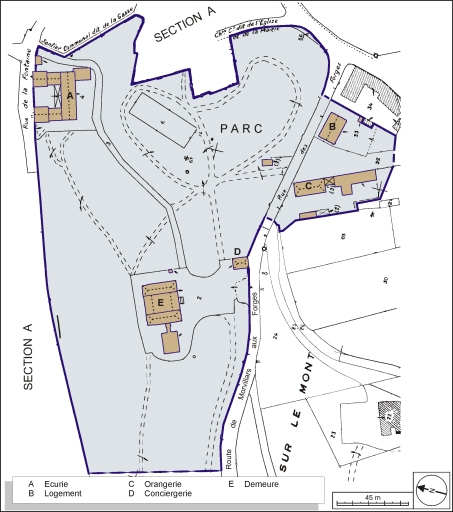 Plan-masse et de situation. Extrait du plan cadastral, 1984, section B, 1:1000 réduit à 1:1500. © André Céréza / Région Bourgogne-Franche-Comté, Inventaire du patrimoine - 2003