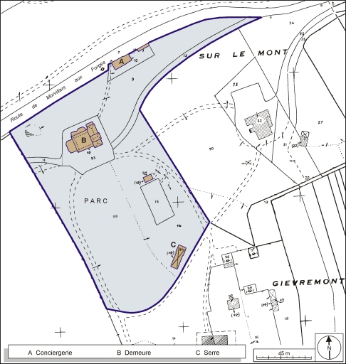 Plan-masse et de situation. Extrait du plan cadastral, 1984, section B, 1:1000 réduit à 1:1500. © André Céréza / Région Bourgogne-Franche-Comté, Inventaire du patrimoine - 2003