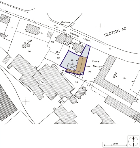 Plan-masse et de situation. Extrait du plan cadastral, 1984, section AE, 1:1000. © André Céréza / Région Bourgogne-Franche-Comté, Inventaire du patrimoine - 2003