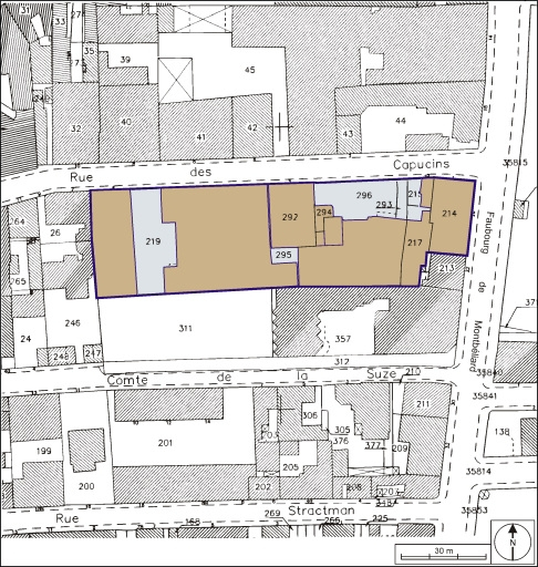 Plan-masse et de situation. Extrait du plan cadastral, 2001, section BK, 1:1000. © André Céréza / Région Bourgogne-Franche-Comté, Inventaire du patrimoine - 2003