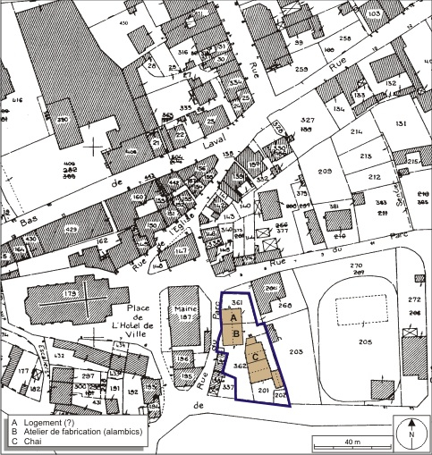 Plan-masse et de situation. Extrait du plan cadastral numérisé, 2008, section AE, 1:1000 réduit à 1:1250. Source : Direction générale des Finances Publiques - Cadastre ; mise à jour : 2008. © André Céréza / Région Bourgogne-Franche-Comté, Inventaire du patrimoine - 2008