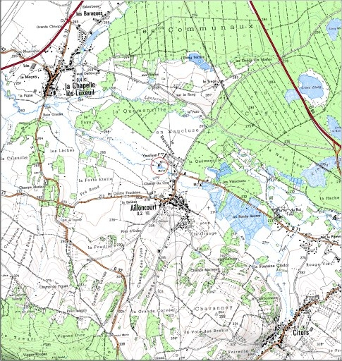 Carte de localisation. Carte topographique au 1:25000, I.G.N., Luxeuil-les-Bains, 3420 E. SCAN 25 © IGN - 2008, Licence n°2008CISE29-68. © André Céréza / Région Bourgogne-Franche-Comté, Inventaire du patrimoine - 2008