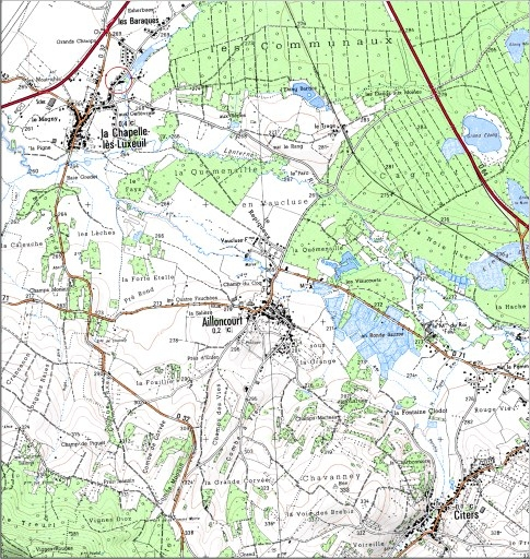 Carte de localisation. Carte topographique au 1:25000, I.G.N., Luxeuil-les-Bains, 3420 E. SCAN 25 © IGN - 2008, Licence n°2008CISE29-68. © André Céréza / Région Bourgogne-Franche-Comté, Inventaire du patrimoine - 2008