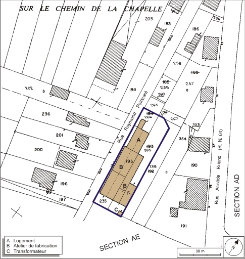 Plan-masse et de situation. Extrait du plan cadastral numérisé, 2008, section AH, 1:1000. Source : Direction générale des Finances Publiques - Cadastre ; mise à jour : 2008. © André Céréza / Région Bourgogne-Franche-Comté, Inventaire du patrimoine - 2008