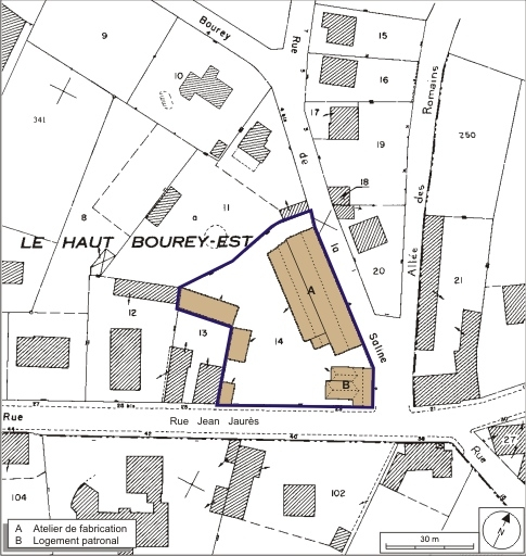 Plan-masse et de situation. Extrait du plan cadastral numérisé, 2008, section AX, 1:1000. Source : Direction générale des Finances Publiques - Cadastre ; mise à jour : 2008. © André Céréza / Région Bourgogne-Franche-Comté, Inventaire du patrimoine - 2008