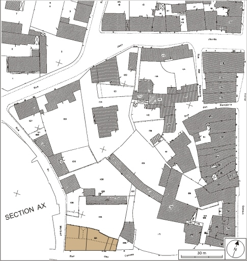 Plan-masse et de situation. Extrait du plan cadastral numérisé, 2008, section AP, 1:500 réduit à 1:1000. Source : Direction générale des Finances Publiques - Cadastre ; mise à jour : 2008. © André Céréza / Région Bourgogne-Franche-Comté, Inventaire du patrimoine - 2008