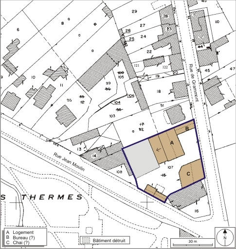 Plan-masse et de situation. Extrait du plan cadastral numérisé, 2008, section AK, 1:1000. Source : Direction générale des Finances Publiques - Cadastre ; mise à jour : 2008. © André Céréza / Région Bourgogne-Franche-Comté, Inventaire du patrimoine - 2008