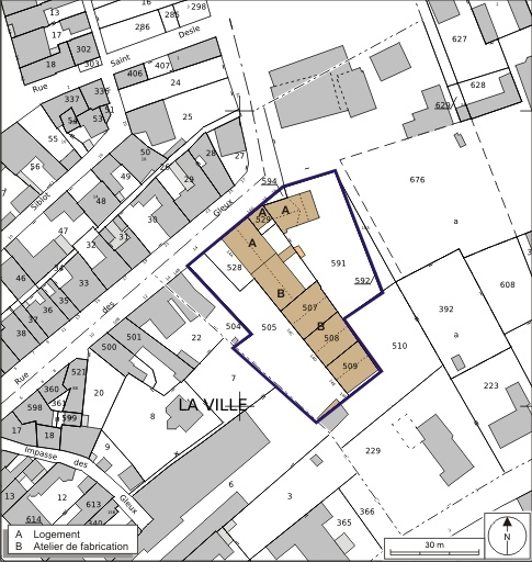 Plan-masse et de situation. Extrait du plan cadastral numérisé, 2008, section AH, 1:1000. Source : Direction générale des Finances Publiques - Cadastre ; mise à jour : 2008. © André Céréza / Région Bourgogne-Franche-Comté, Inventaire du patrimoine - 2008