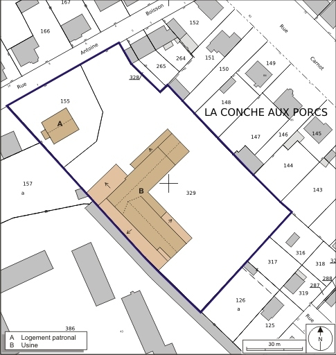 Plan-masse et de situation. Extrait du plan cadastral numérisé, 2008, section AL, 1:1000. Source : Direction générale des Finances Publiques - Cadastre ; mise à jour : 2008. © André Céréza / Région Bourgogne-Franche-Comté, Inventaire du patrimoine - 2008