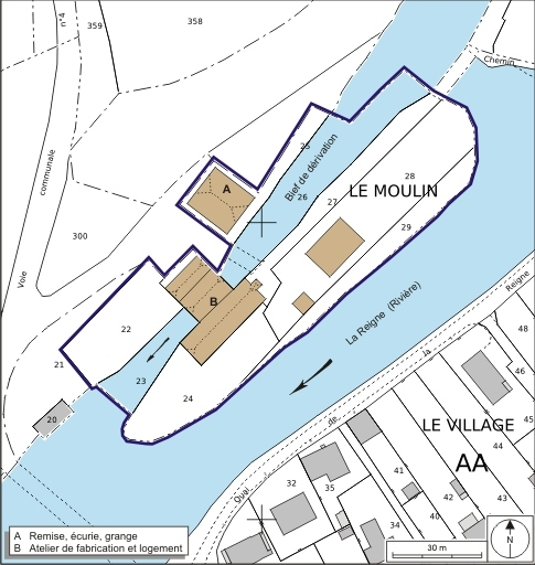 Plan-masse et de situation. Extrait du plan cadastral numérisé, 2008, section AA, 1:1000. Source : Direction générale des Finances Publiques - Cadastre ; mise à jour : 2008. © André Céréza / Région Bourgogne-Franche-Comté, Inventaire du patrimoine - 2008