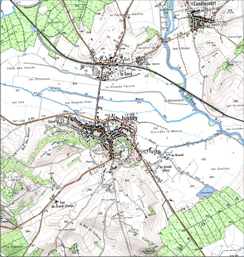 Carte de localisation. Carte topographique au 1:25000, I.G.N., Jussey, 3320 O. SCAN 25 © IGN - 2008, Licence n°2008CISE29-68. © André Céréza / Région Bourgogne-Franche-Comté, Inventaire du patrimoine - 2008