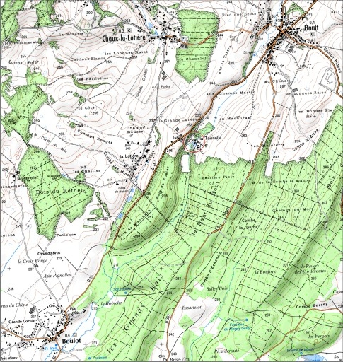 Carte de localisation. Carte topographique au 1:25000, I.G.N., Rioz, 3322 E. SCAN 25 © IGN - 2008, Licence n°2008CISE29-68. © André Céréza / Région Bourgogne-Franche-Comté, Inventaire du patrimoine - 2008