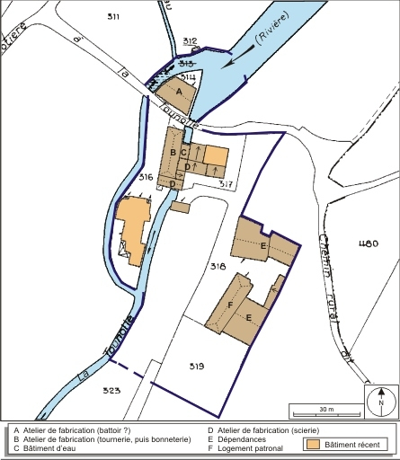 Plan-masse et de situation. Extrait du plan cadastral numérisé, 2008, section D, 1:1250 agrandi à 1:1000. Source : Direction générale des Finances Publiques - Cadastre ; mise à jour : 2008. © André Céréza / Région Bourgogne-Franche-Comté, Inventaire du patrimoine - 2008