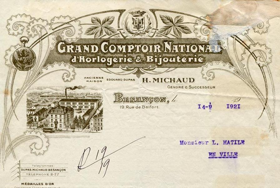 Besançon (25) : Grand Comptoir National d’horlogerie et de bijouterie H. Michaud, papier à en-tête, 1921 © Région Bourgogne-Franche-Comté, Inventaire du patrimoine, 2022