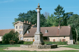 Vue d'ensemble de la colonne commémorative et de la maison du médecin. © Région Bourgogne-Franche-Comté, Inventaire du patrimoine