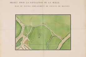 Projet pour la navigation de la Seille : plan du nouvel emplacement de l'écluse de Branges. Il s'agit probablement d'un plan d'avant 1784 : l'emplacement des écluses est différent de celui réalisé. (Archives VNF-direction territoriale Centre-Bourgog… © Région Bourgogne-Franche-Comté, Inventaire du patrimoine