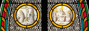 Rondels du vitrail droit du choeur : Calvaire et Descente de Croix. © Région Bourgogne-Franche-Comté, Inventaire du patrimoine