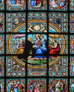 Vitrail, détail : Donation du rosaire à saint Dominique. © Région Bourgogne-Franche-Comté, Inventaire du patrimoine
