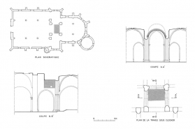 Plan, coupe et élévation schématiques de localisation des peintures murales. © Région Bourgogne-Franche-Comté, Inventaire du patrimoine