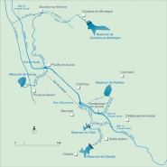 Carte schématique des réservoirs d'alimentation du canal de Bourgogne au niveau du bief de partage. © Région Bourgogne-Franche-Comté, Inventaire du patrimoine