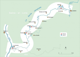 Carte schématique générale de la Seille canalisée. © Région Bourgogne-Franche-Comté, Inventaire du patrimoine