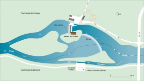 Plan schématique du site de l'écluse de Cuisery, du barrage et du moulin. © Région Bourgogne-Franche-Comté, Inventaire du patrimoine