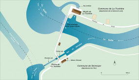 Plan schématique du site de l'écluse de La Truchère, du barrage et du moulin de La Truchère. © Région Bourgogne-Franche-Comté, Inventaire du patrimoine