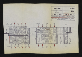 Elévation du mur est du hall d'entrée : schéma de répartition des panneaux moulés en béton, s.d., ca 1980. Boyer, Michel (architecte d'intérieur) (Archives départementales de la Côte-d'Or, Dijon, 32 J 82) © CD21/F.PETOT/2014