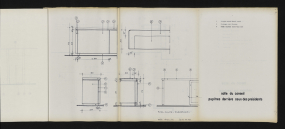 Carnet de détails et principes - salle du conseil : deuxième rangée de pupitres de la tribune, plan, coupe et élévations, 6 novembre 1978. (Archives départementales de la Côte-d'Or, Dijon, 32 J 106) © CD21/F.PETOT/2014