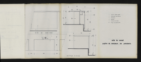 Carnet de détails et principes - salle du conseil :  pupitre des présidents, plan, coupe, élévations, 3 janvier 1979. Boyer, Michel (architecte d'intérieur) (Archives départementales de la Côte-d'Or, Dijon, 32 J 106) © CD21/F.PETOT/2014