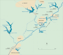 Carte schématique de l'ensemble des réservoirs concourant à l'alimentation du canal du Centre au niveau du bief de partage. © Région Bourgogne-Franche-Comté, Inventaire du patrimoine