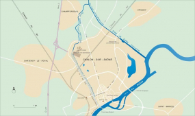 Carte schématique de l'ancien tracé du canal du Centre dans la ville de Chalon-sur-Saône. © Région Bourgogne-Franche-Comté, Inventaire du patrimoine