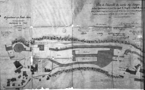 Plan de l'ensemble des usines de Baigne, de leurs dépendances et du cours d'eau appelé la Baignotte sur lequel elles sont situés [partie gauche]. © Région Bourgogne-Franche-Comté, Inventaire du patrimoine