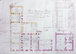 Plan du rez-de-chaussée du bâtiment d'habitation de la forge de Siam appartenant à Mr Jobez avec un projet d'agrandissement tracé en rouge. © Région Bourgogne-Franche-Comté, Inventaire du patrimoine
