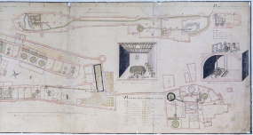Plan géométral du Rets de chaussée [... : détail de la partie gauche (rez-de-chaussée de la Petite Saline, souterrains et vues perspectives)]. © Région Bourgogne-Franche-Comté, Inventaire du patrimoine