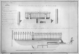 Plan d'une machine pour sécher les sels en pains sous la poêle, pendant que la berne est en feu [coupes de la poêle et machine]. © Région Bourgogne-Franche-Comté, Inventaire du patrimoine