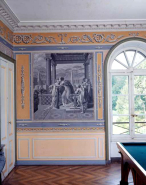 Intérieur : détail du papier peint de la salle du billard. © Région Bourgogne-Franche-Comté, Inventaire du patrimoine