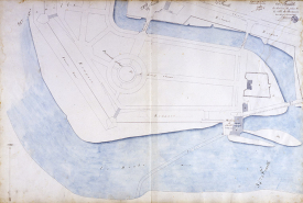 Plan d'alignement, feuille n° 22 : le Doubs, une partie de la promenade Chamars et le moulin de la ville. © Région Bourgogne-Franche-Comté, Inventaire du patrimoine