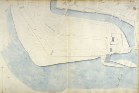 Plan d'alignement, feuille n° 22 : le Doubs, une partie de la promenade Chamars et le moulin de la ville. © Région Bourgogne-Franche-Comté, Inventaire du patrimoine