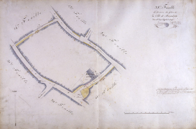 Plan d'alignement, feuille n° 38 : Grande Rue, rues des Granges, de la Bibliothèque, bibliothèque municipale et église Saint-Maurice. © Région Bourgogne-Franche-Comté, Inventaire du patrimoine