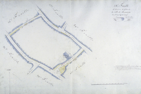 Plan d'alignement, feuille n° 38 : Grande Rue, rues des Granges, de la Bibliothèque, bibliothèque municipale et église Saint-Maurice. © Région Bourgogne-Franche-Comté, Inventaire du patrimoine
