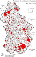 Nombre de notices architecture [réalisées dans le cadre du Repérage du Patrimoine industriel] par commune. Fonds de carte : BD carto IGN 1991. © Région Bourgogne-Franche-Comté, Inventaire du patrimoine